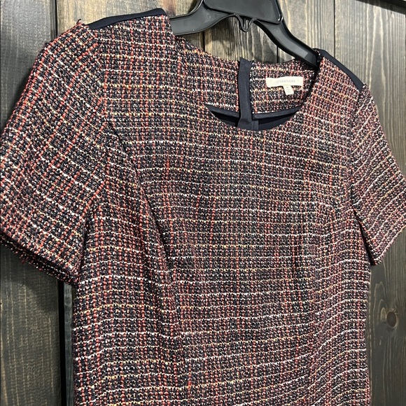 41 Tweed Fringe Blouse M Red Black Shimmer Gold Top Zipper Stretch Office Boho - Picture 2 of 12